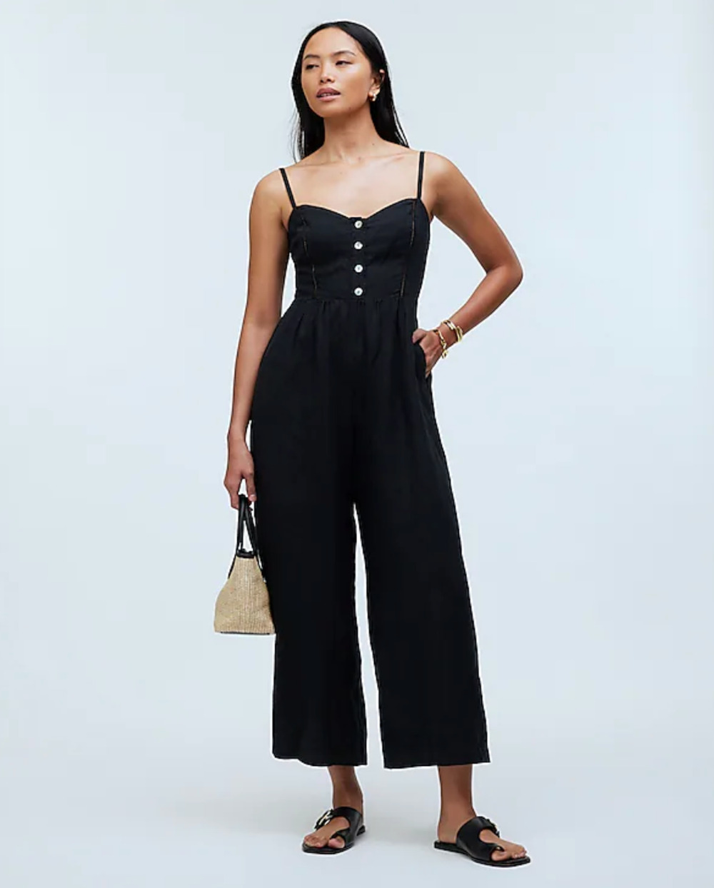 Madewell Sleeveless Wide Leg Jumpsuit Linen Black Sweetheart Cropped US 2 NWT